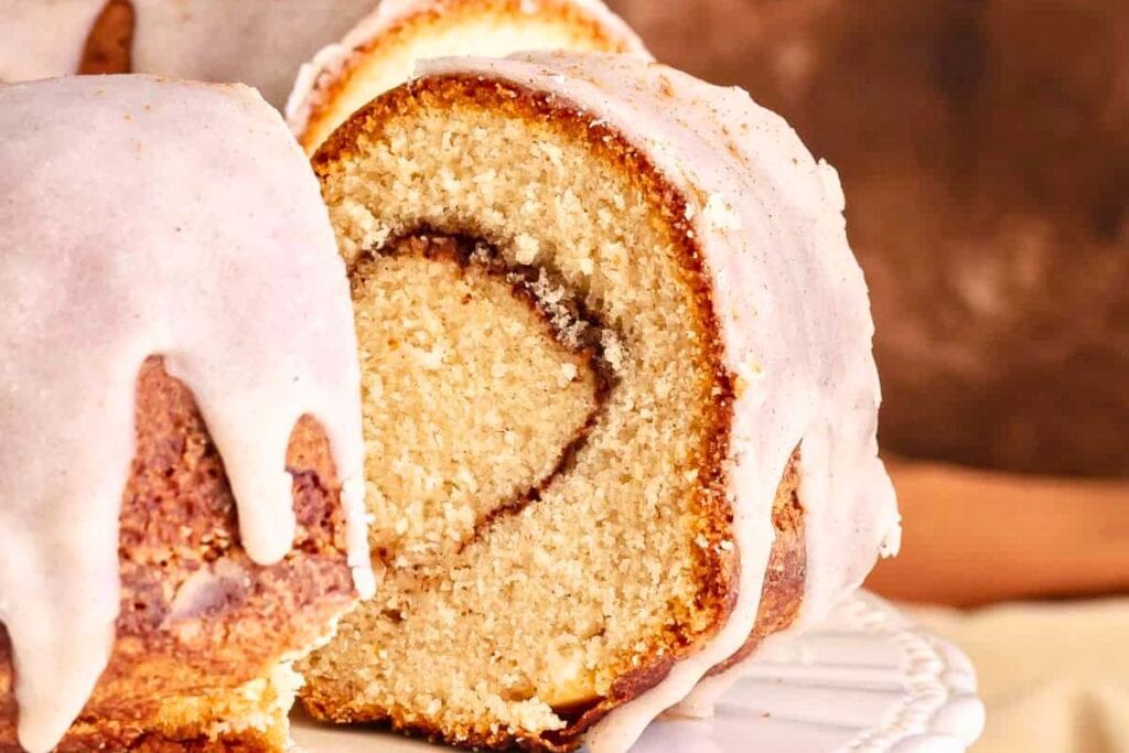 A close up shot of cinnamon bundt cake.