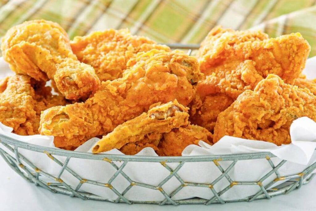 A close up shot of fried chicken.