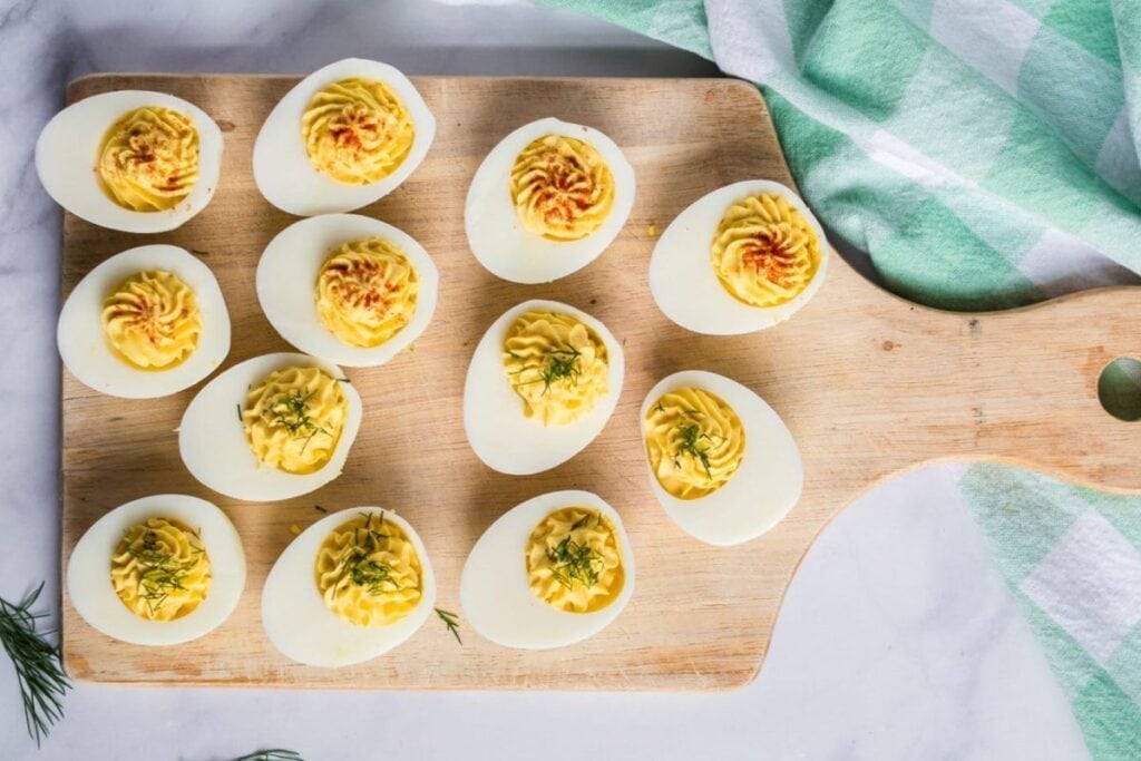 A close up shot of deviled eggs.