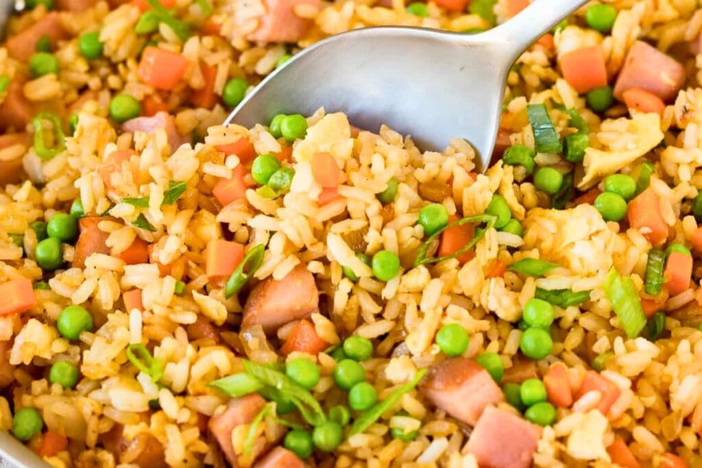 A close up shot of ham fried rice.