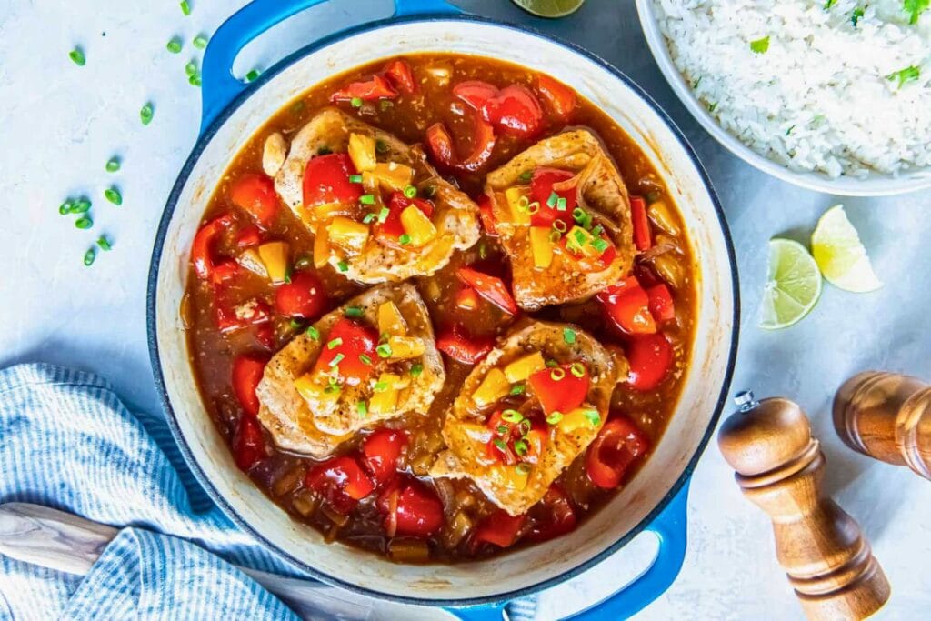 A close up shot of Hawaiian pork chops.