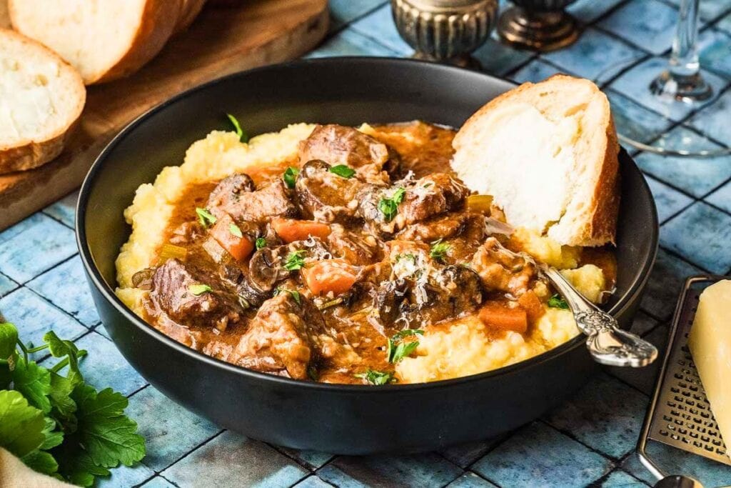 A close up shot of beef stew.