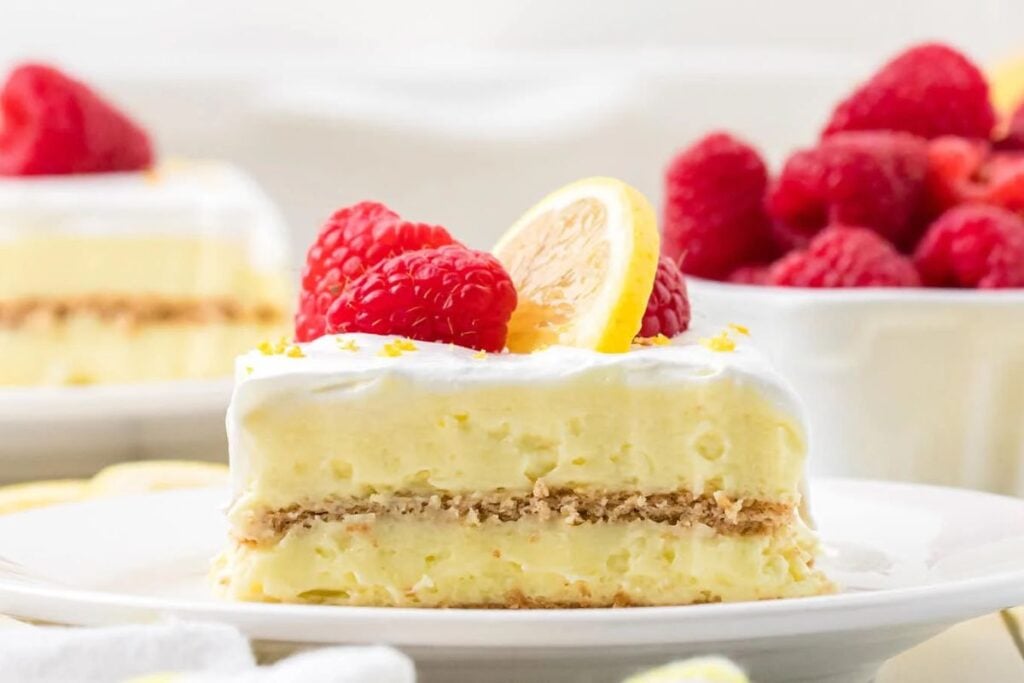 A close up shot of lemon icebox cake.