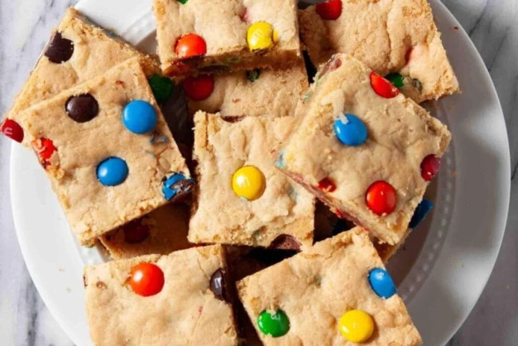 A close up shot of M&M cookie bars.
