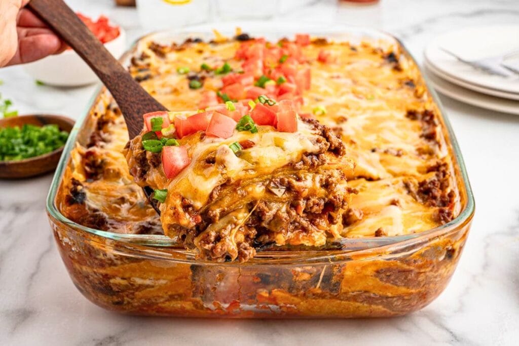 A close up shot of Mexican casserole.