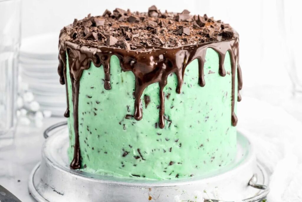 A close up shot of mint chocolate chip layer cake.