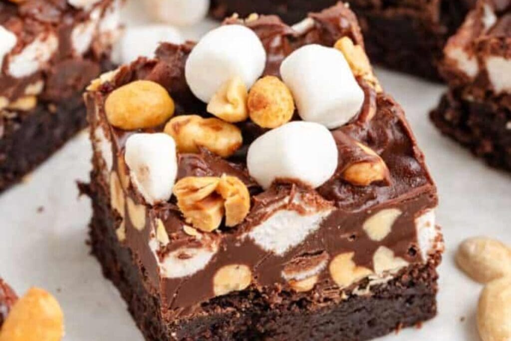 A close up shot of rocky road brownies.