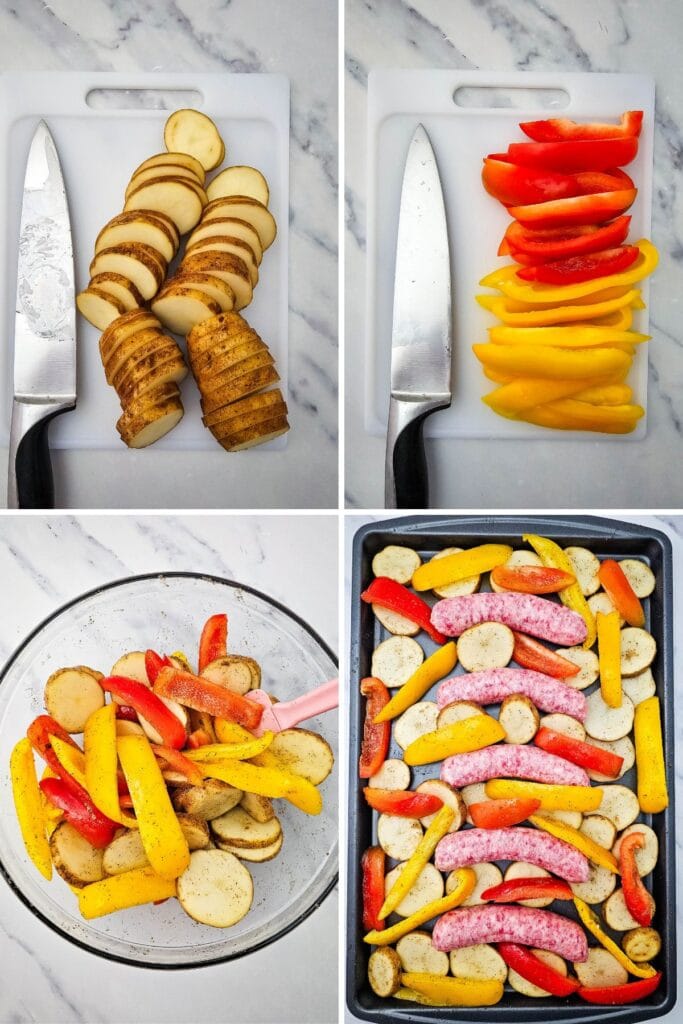 Process shots of sausage peppers and potatoes.