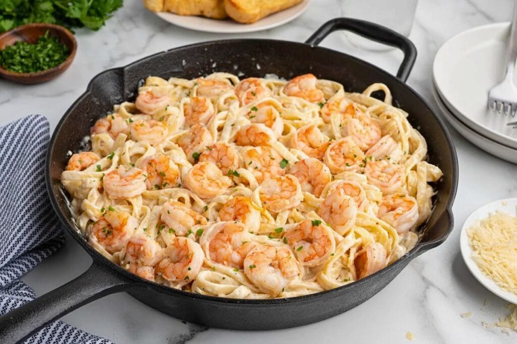 A close up shot of shrimp Alfredo pasta.