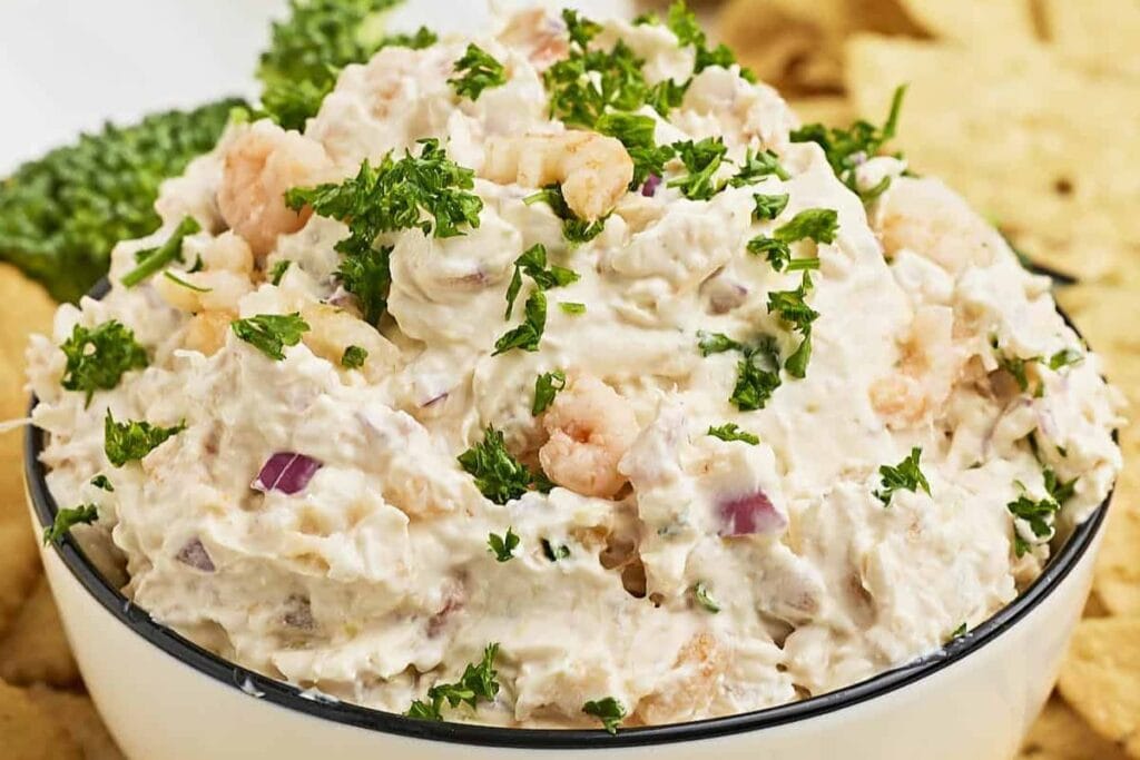 A close up shot of shrimp dip.