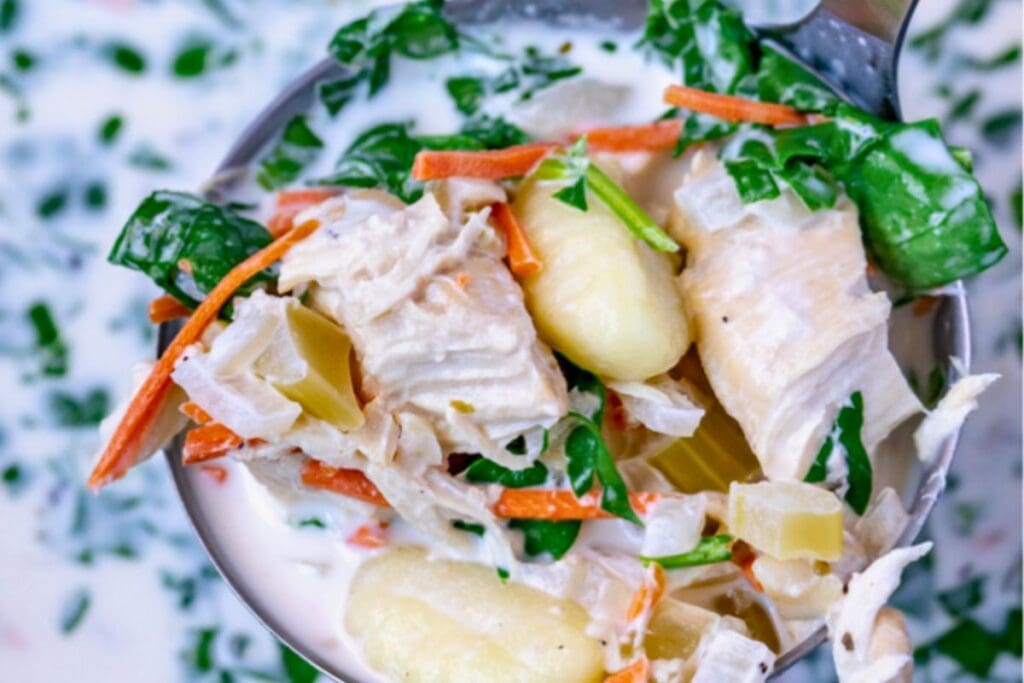 A close up shot of gnocchi soup.