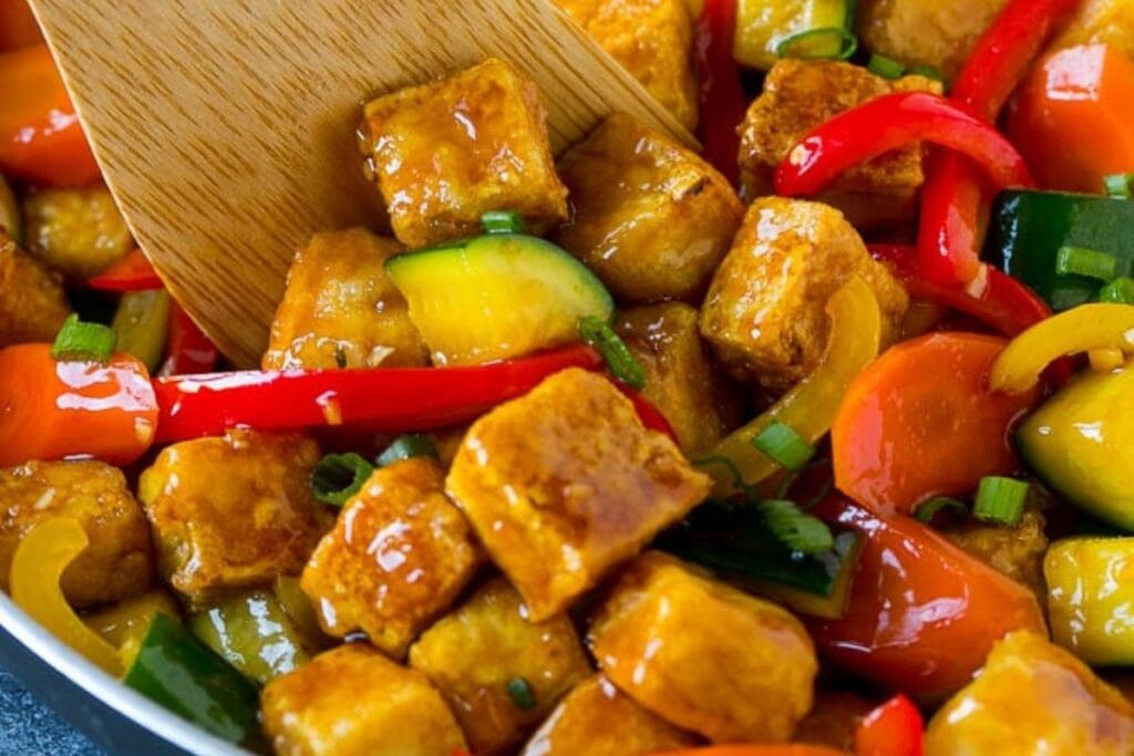 A close up shot of tofu stir fry.