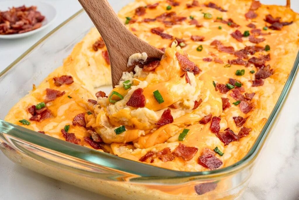 A close up shot of baked potato casserole.