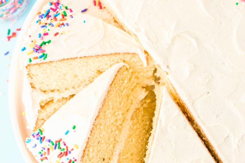 A close up shot of vanilla bean cake.
