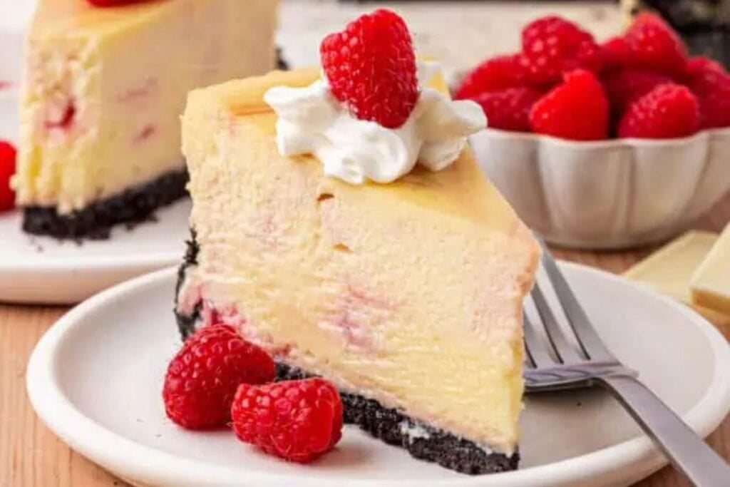 A close up shot of chocolate raspberry cheesecake.