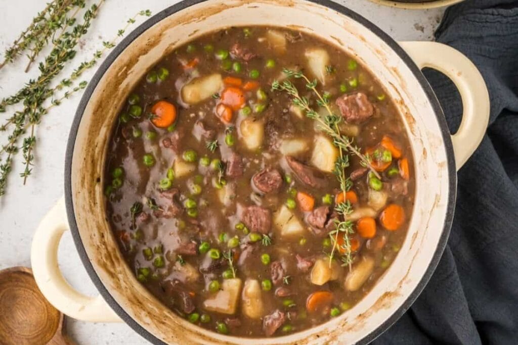 Beef vegetable stew in a pot.
