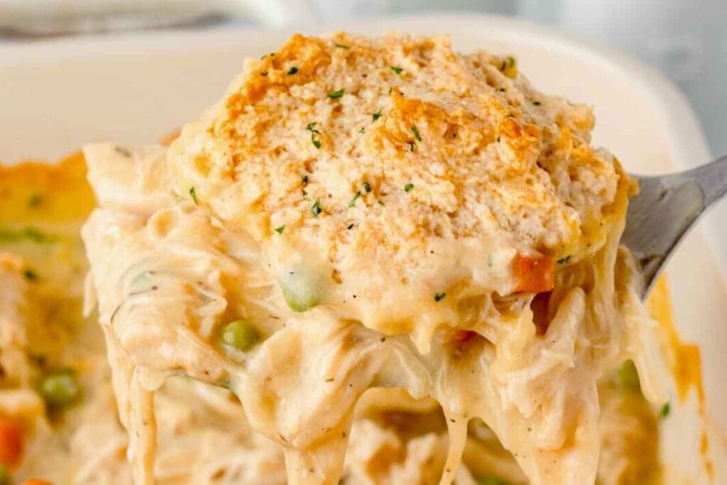 Bisquick chicken and dumplings on a spatula.