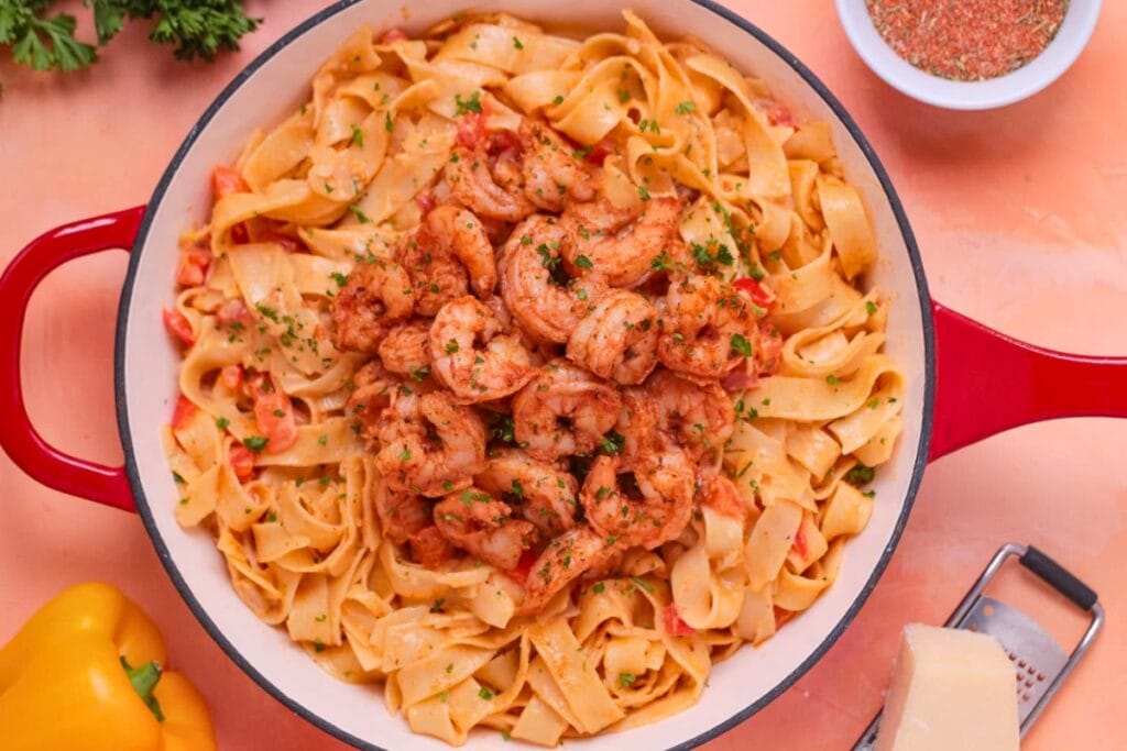 Cajun shrimp pasta in a skillet.