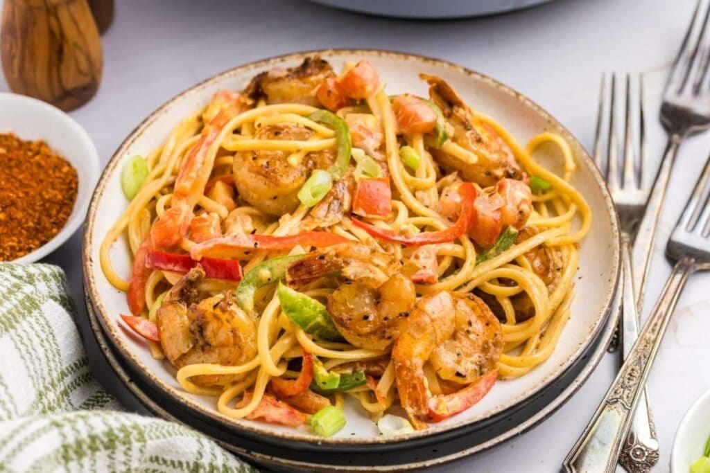 Cajun shrimp pasta on a plate.