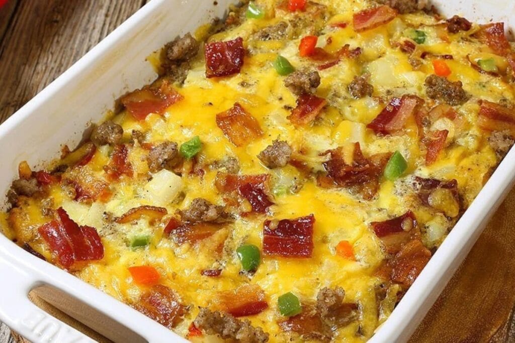 Cheesy breakfast casserole in a baking dish.