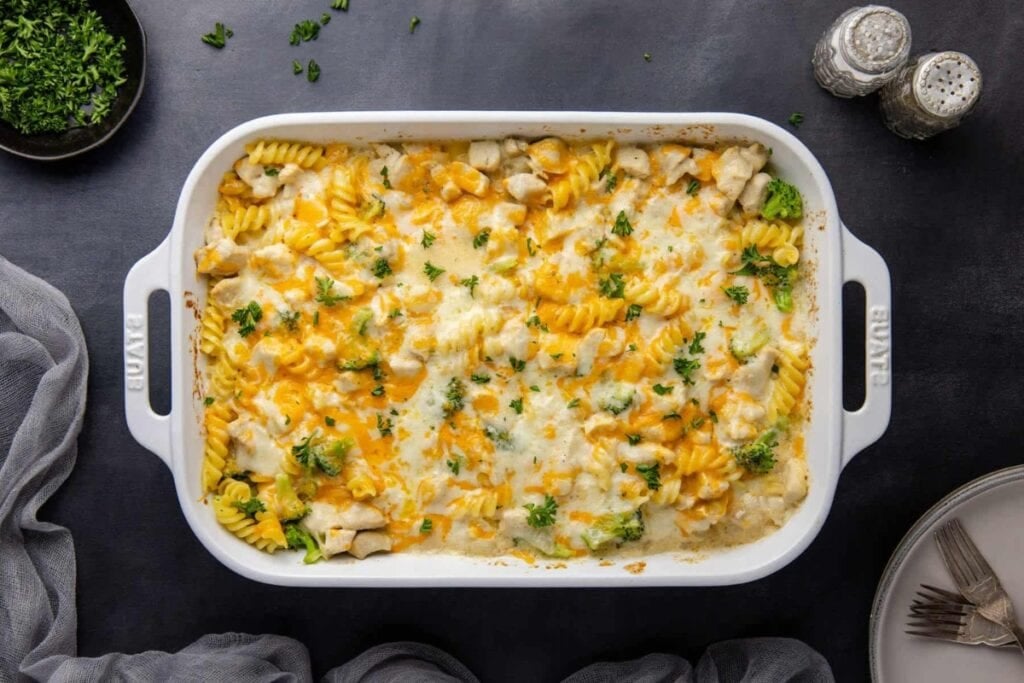 Cheesy chicken casserole in a baking dish.