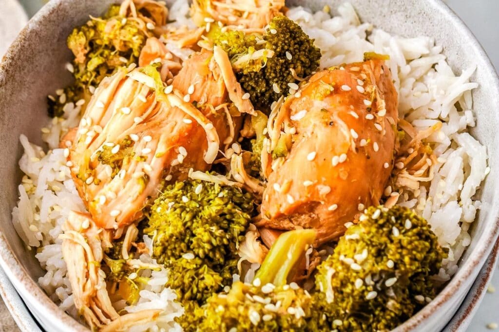 Close-up of chicken and broccoli in a bowl.