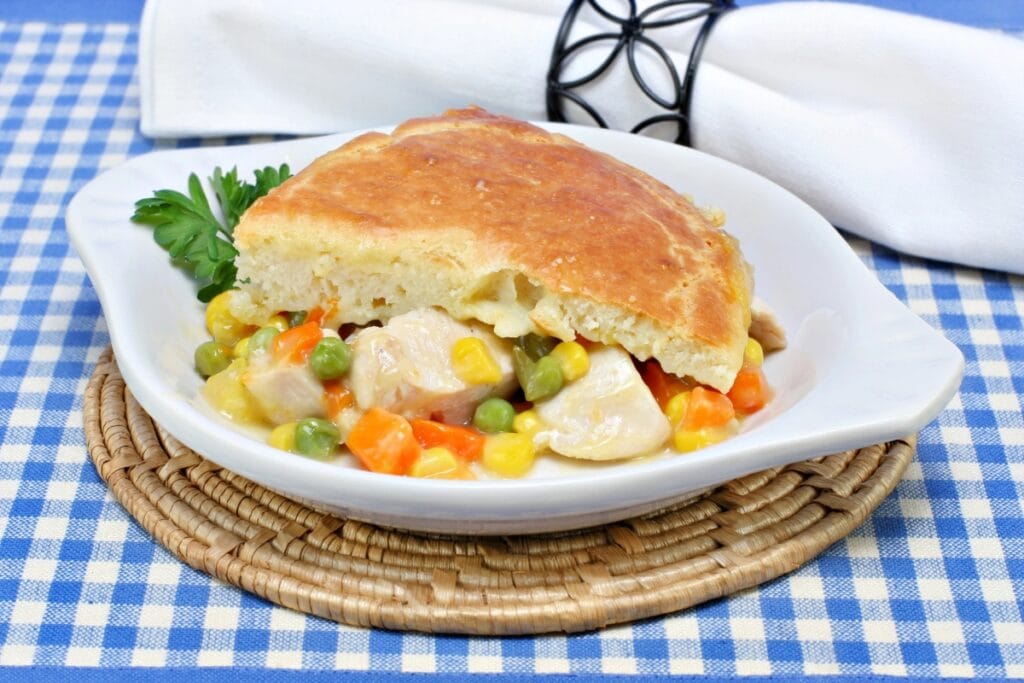 Chicken pot pie on a plate.