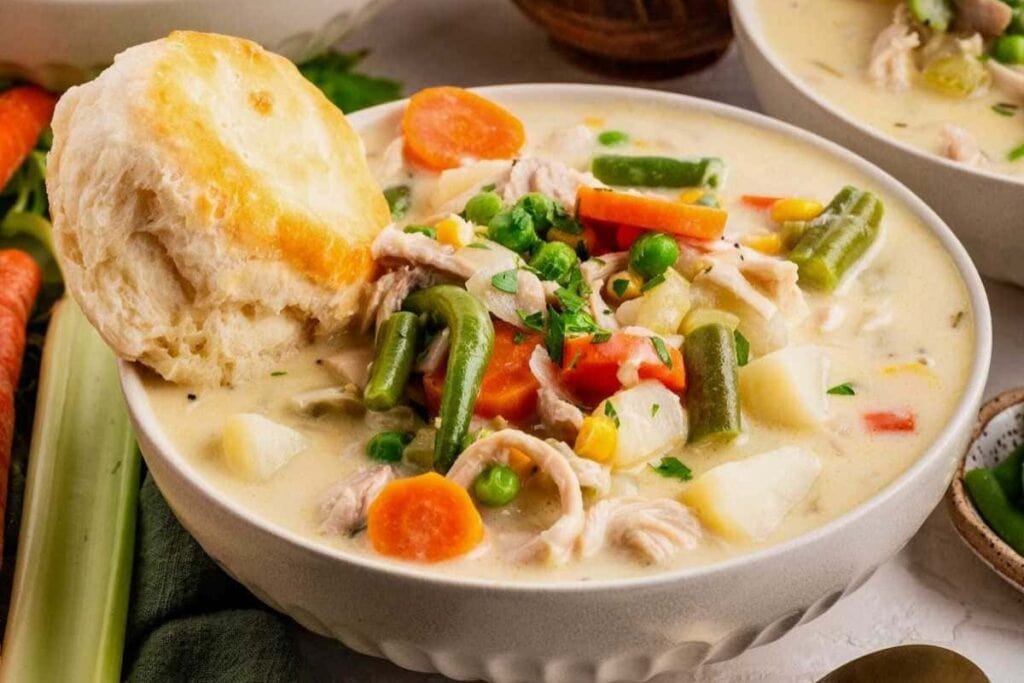 Chicken pot pie soup in a bowl.