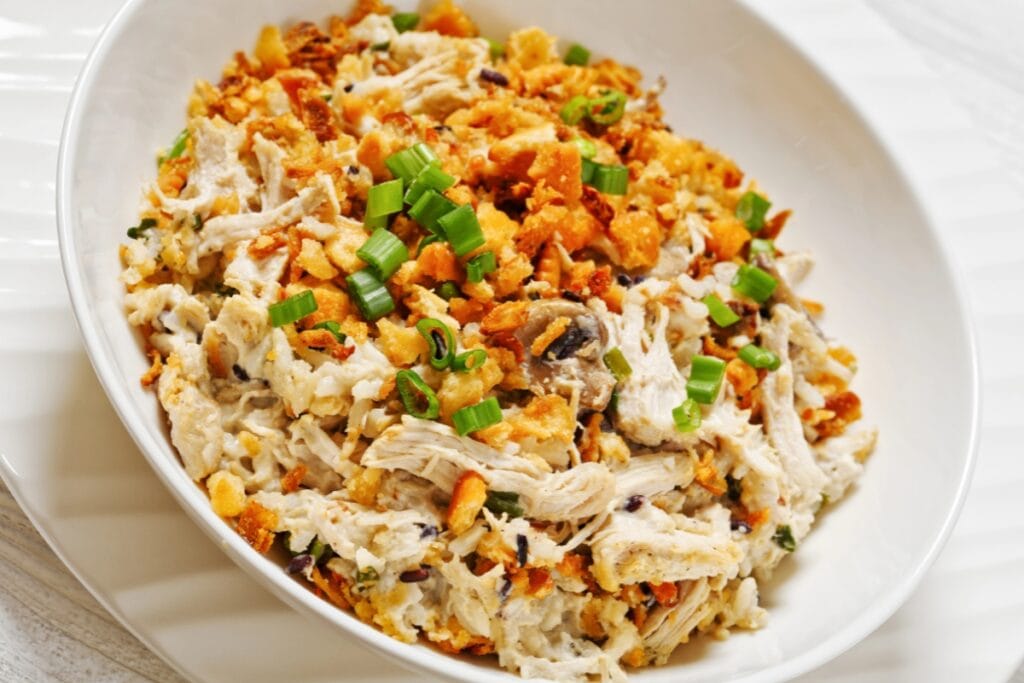 Chicken and rice casserole in a bowl.