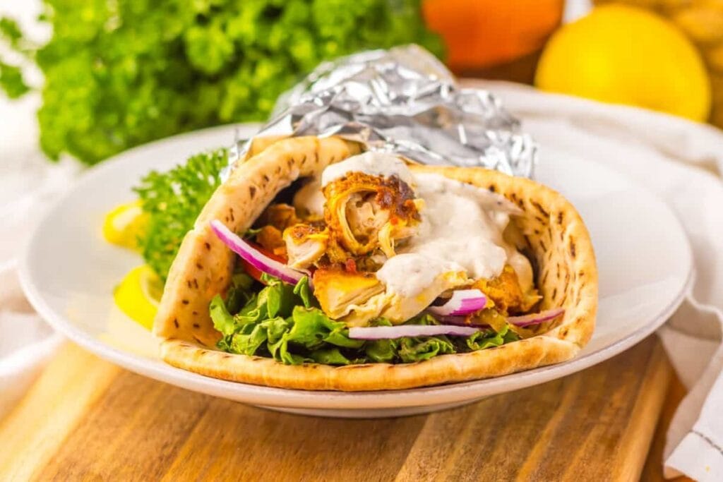 Chicken shawarma on a plate.