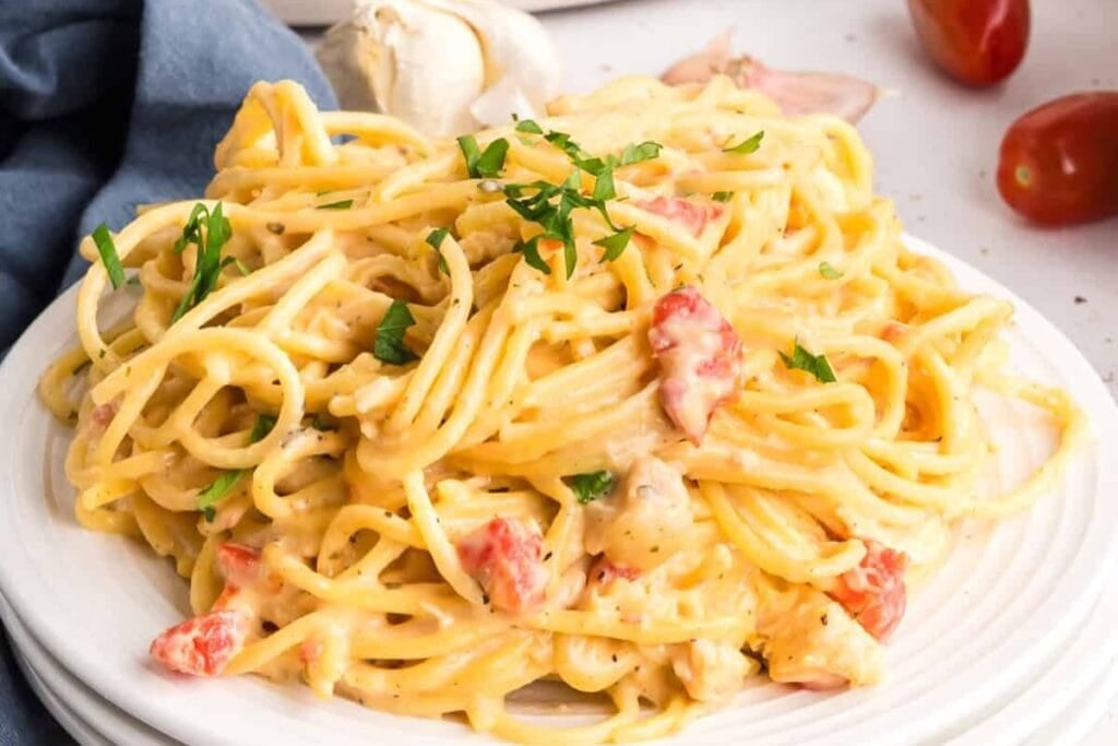 Chicken spaghetti on a plate.