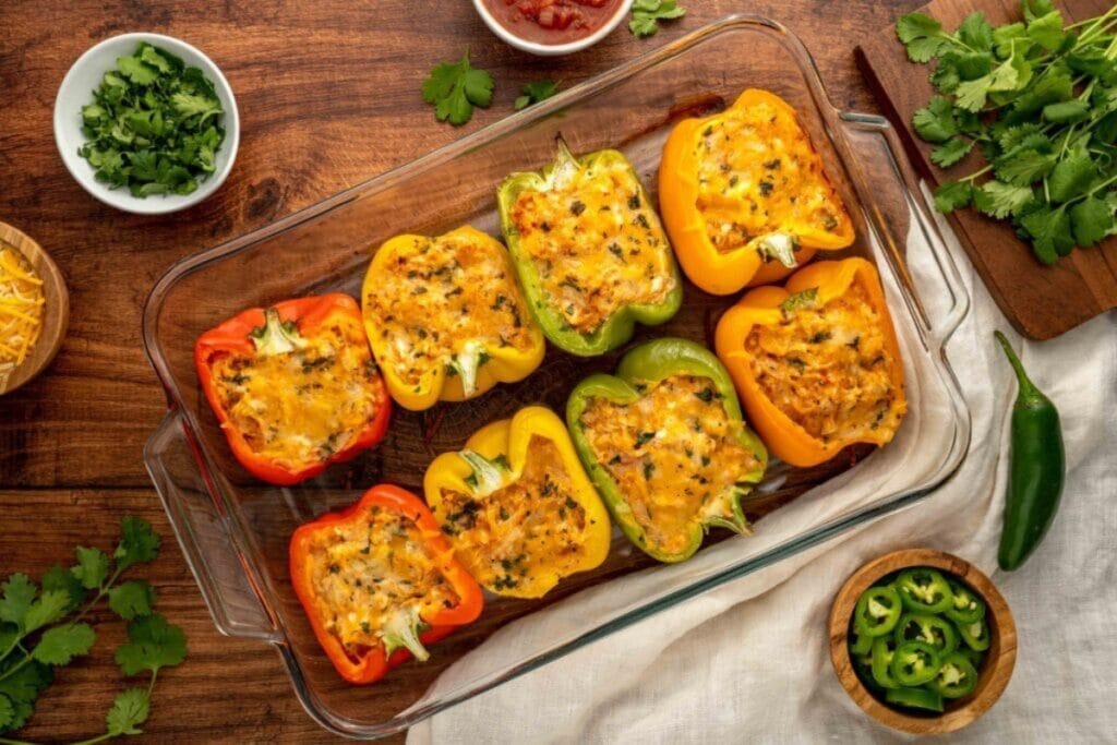 Chicken stuffed peppers in a glass dish.