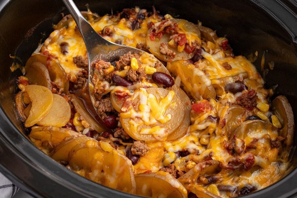 Crockpot cowboy casserole with potatoes, beef, beans, and cheese.