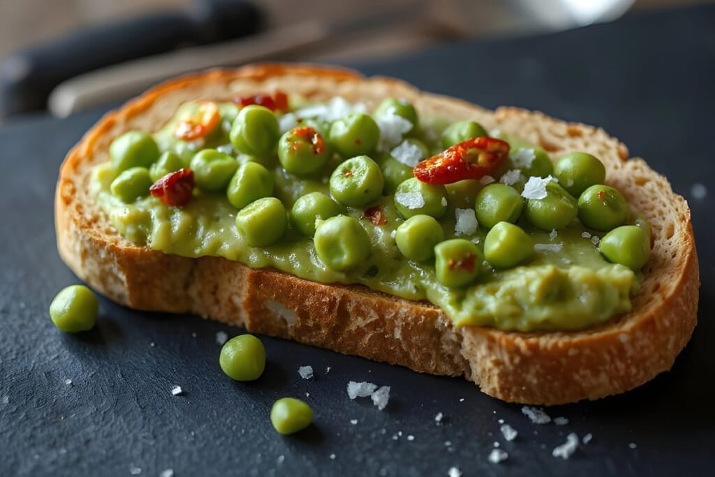 Creamed peas on toast served on a plate.