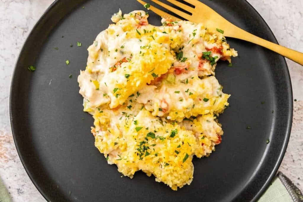 Creamy tuna pasta bake on a plate.