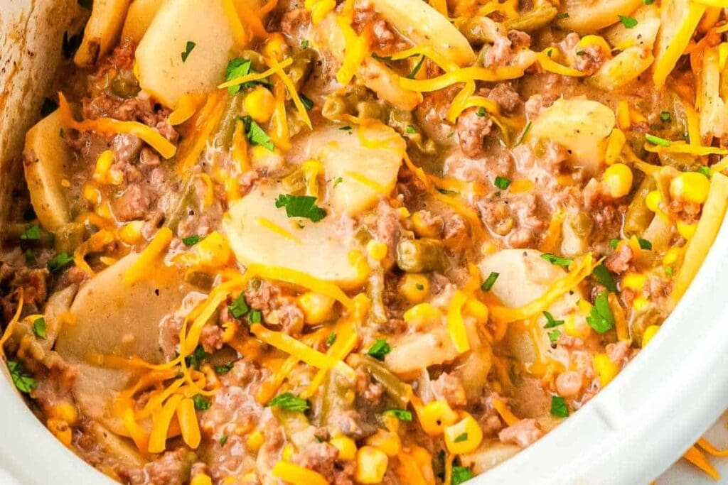Cowboy casserole in a slow cooker.