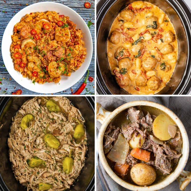 Collage of easy crockpot dinners.