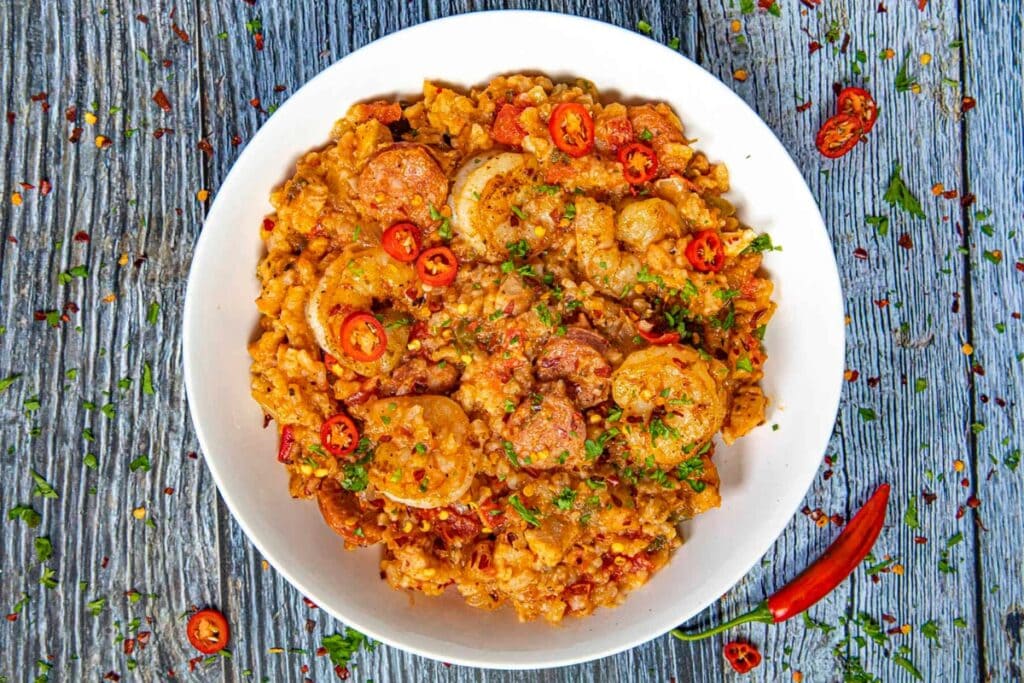 Crockpot Jambalaya with shrimp and sausage on a plate.
