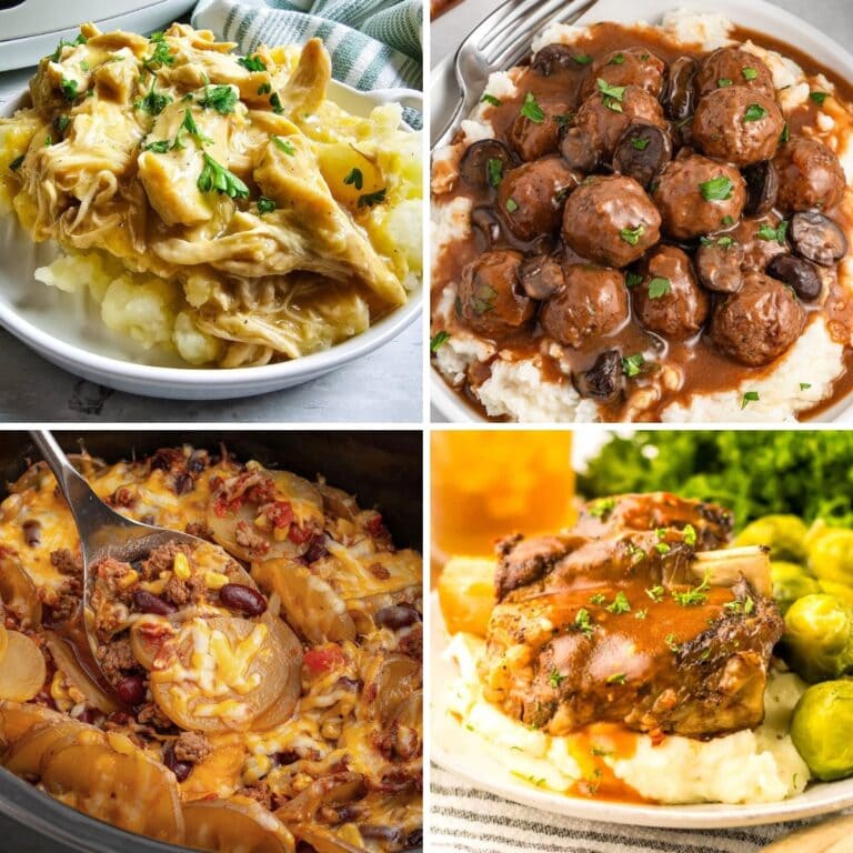 Collage of crockpot meals.