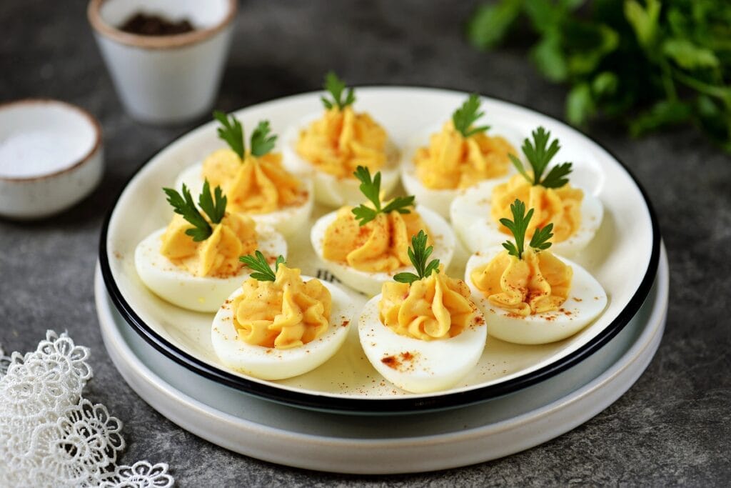 Deviled eggs on a plate.