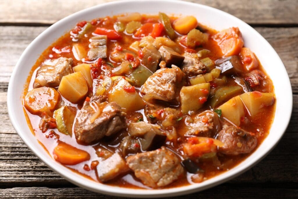 Hearty homemade stew in a bowl.