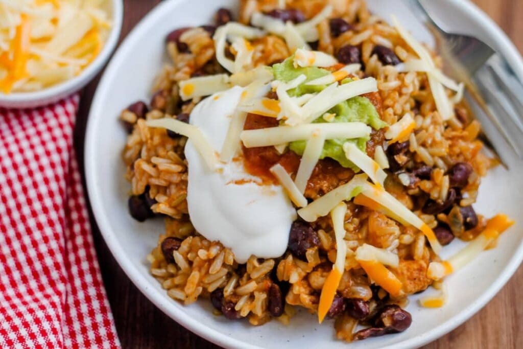 Instant Pot salsa chicken and brown rice on a plate.