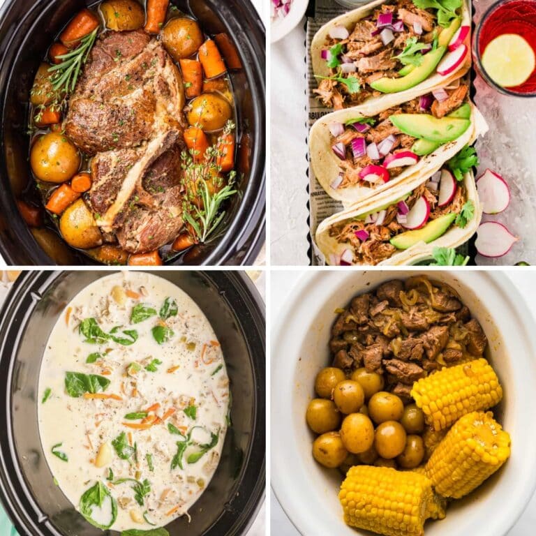 Collage of crockpot dinners that never miss.