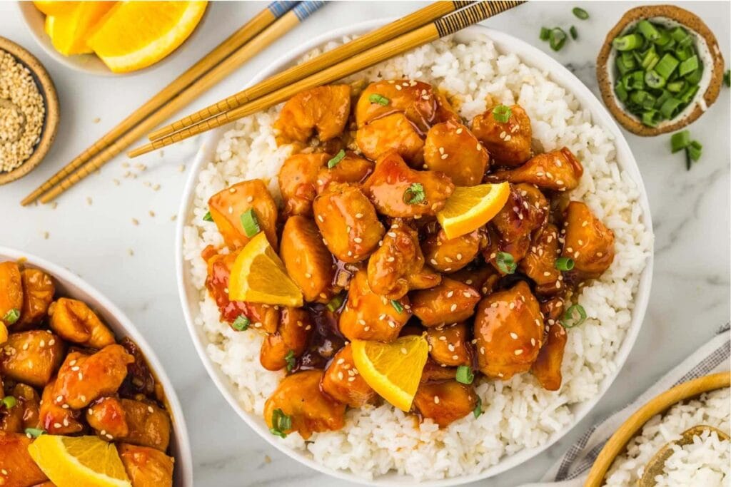 Orange chicken served on a plate.
