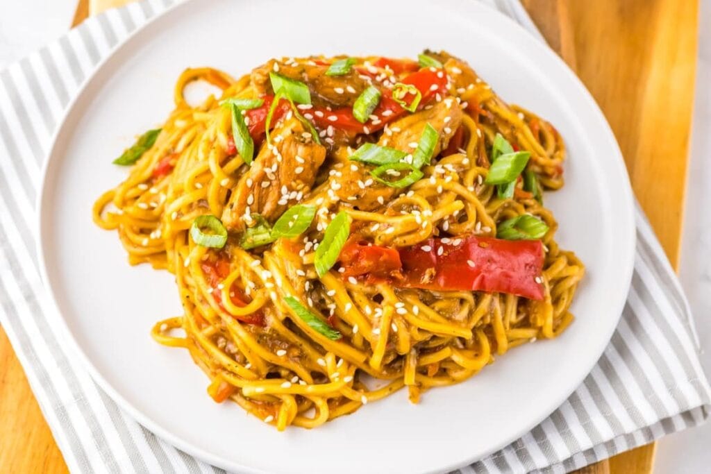 Pork lo mein on a plate.