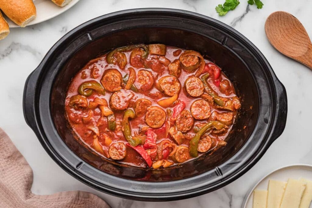 Sausage and peppers in a crockpot.