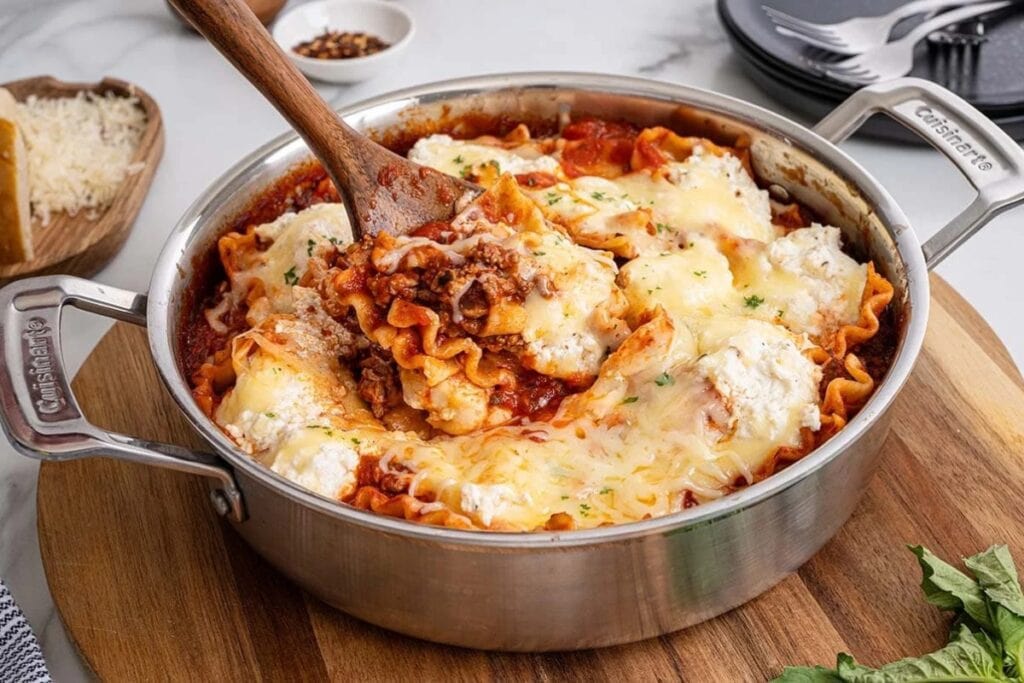 Lasagna in a skillet.