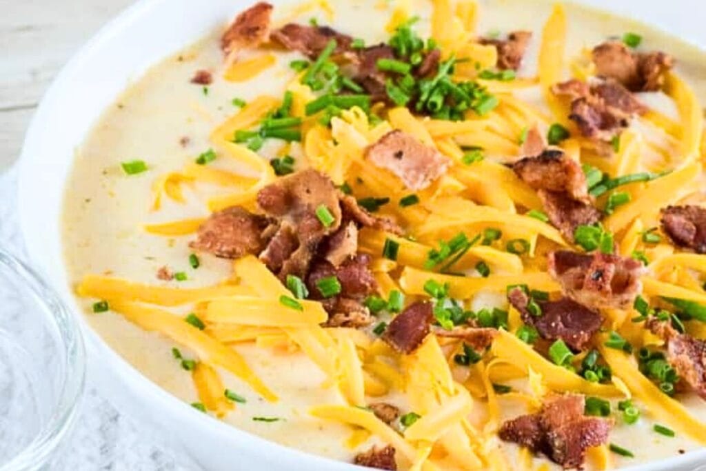 Slow cooker cauliflower corn chowder in a bowl.