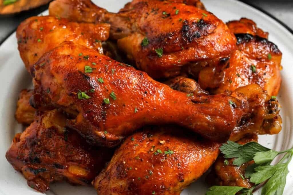 Slow cooker chicken drumsticks on a plate.