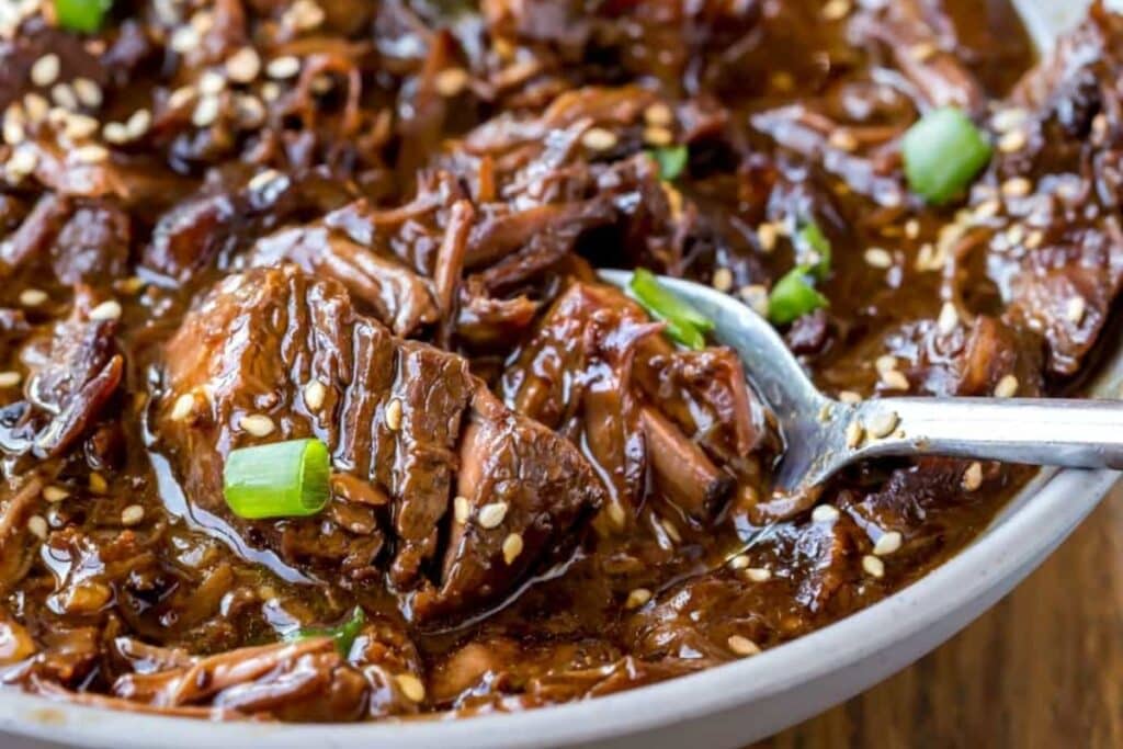 Slow cooker Korean beef in a bowl.
